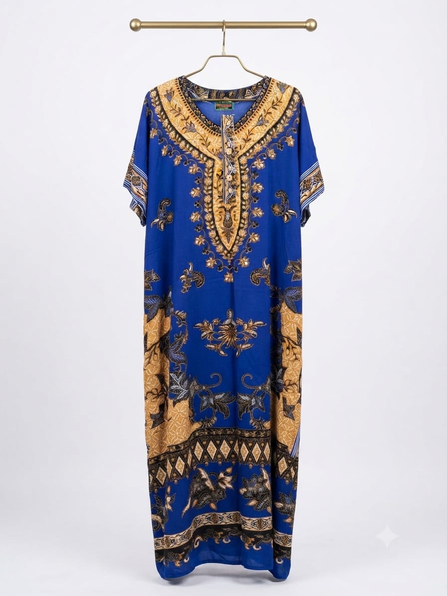 Women's Elegant Royal Blue and Gold Traditional Print Maxi Lounge Dress (Size XXL)