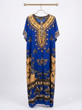 Women's Elegant Royal Blue and Gold Traditional Print Maxi Lounge Dress (Size XXL)