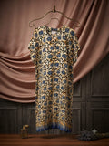 Women's Casual Blue and Cream Floral Block-Print Maxi Lounge Dress (Size XXL)