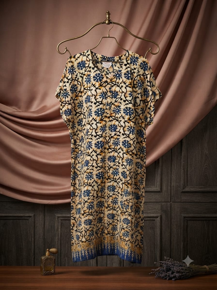 Women's Casual Blue and Cream Floral Block-Print Maxi Lounge Dress (Size XXL)