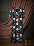 Black Botanical Batik Print Rayon Full-Length Maxi with Short Sleeves - Size XXL