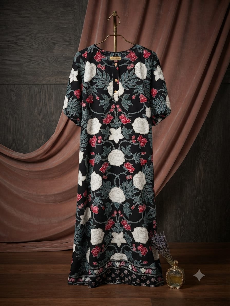 Black Botanical Batik Print Rayon Full-Length Maxi with Short Sleeves - Size XXL