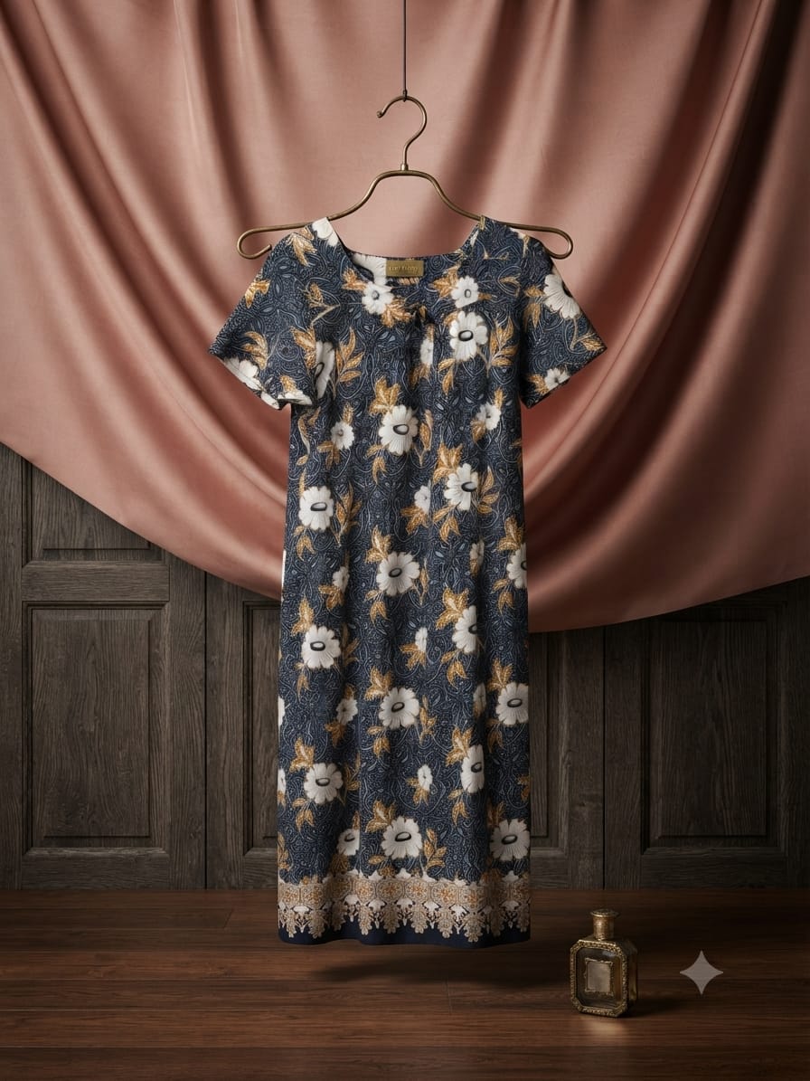 Navy and Mustard Floral Batik Print Full-Length Maxi with Short Sleeves - Size XXL