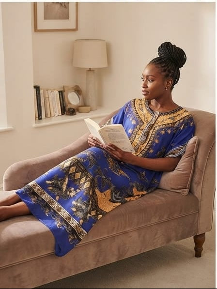 Women's Elegant Royal Blue and Gold Traditional Print Maxi Lounge Dress (Size XXL)