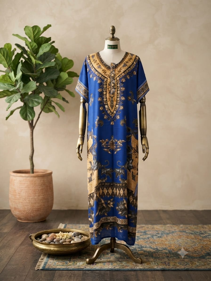 Women's Elegant Royal Blue and Gold Traditional Print Maxi Lounge Dress (Size XXL)