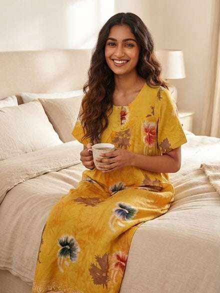 Women's Casual Floral Printed Round Neck Short Sleeve Maxi Lounge Dress (Yellow, Size XXL)