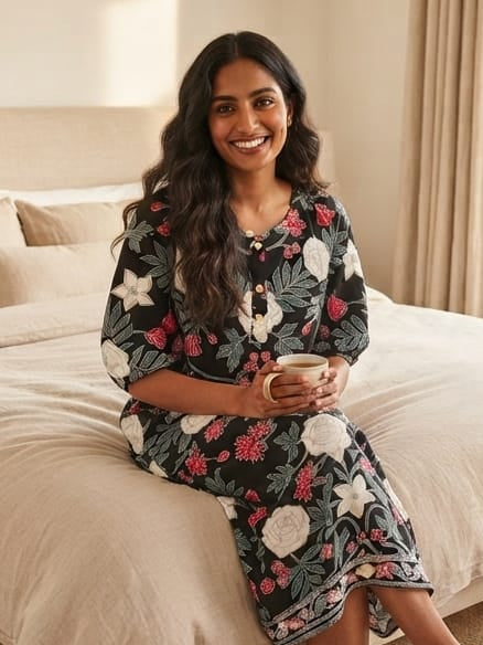 Black Botanical Batik Print Rayon Full-Length Maxi with Short Sleeves - Size XXL