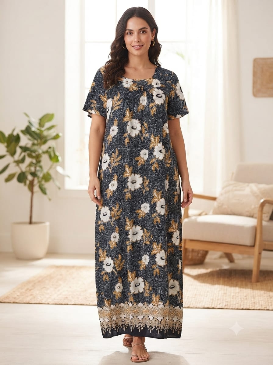 Navy and Mustard Floral Batik Print Full-Length Maxi with Short Sleeves - Size XXL