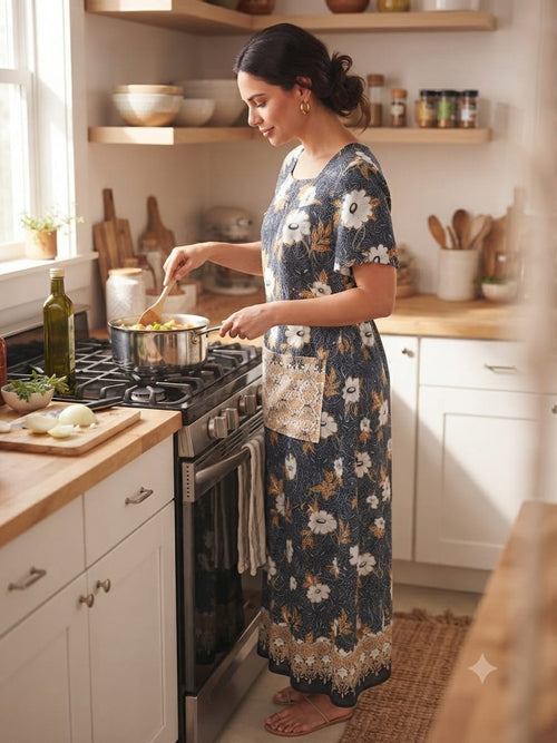 Navy and Mustard Floral Batik Print Full-Length Maxi with Short Sleeves - Size XXL