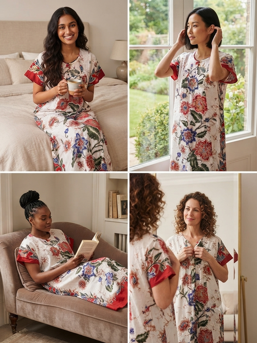 Elegant Floral Print Cotton Batik Lounge Dress - Size XL