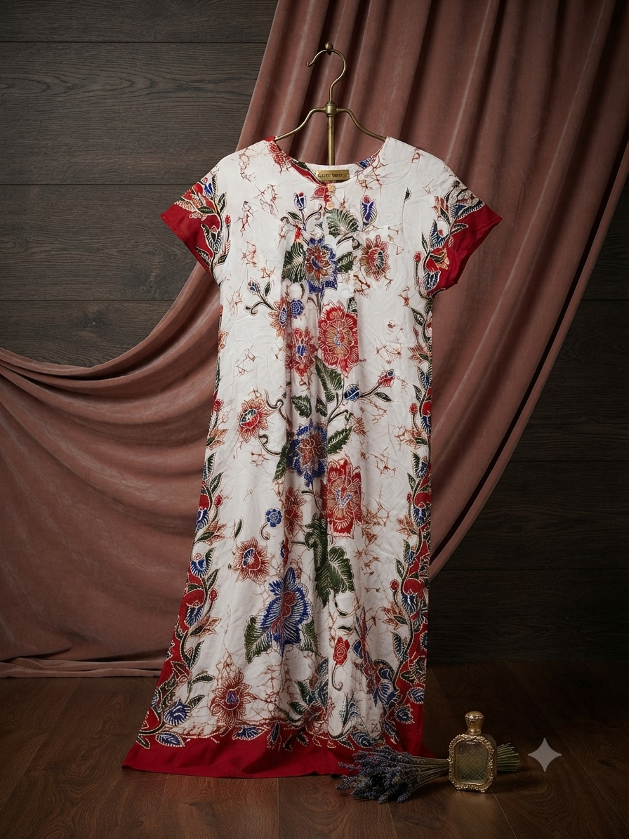 Elegant Floral Print Cotton Batik Lounge Dress - Size XL